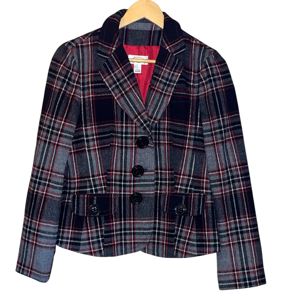 Talbots size 6 plaid wool blazer front button office gray red career wear